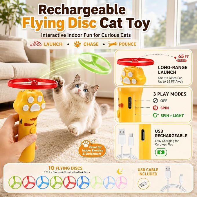 Cat Toy Launcher for Kitten Toys, Cat Toys Interactive, Automatic Cat Toy | Interactive Cat Toys for Indoor Cats, Cat Fetch Toy Launcher with 10 Discs, Cat Toys for Bored Indoor Adult Cats,Best Cat Toy