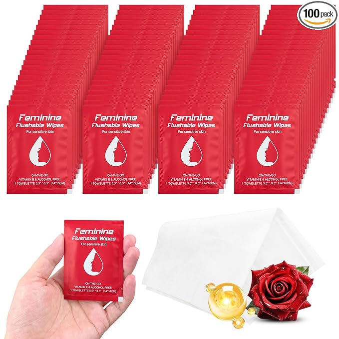 twoworld 100 Feminine Wipes Flushable Travel Individually Wrapped | Travel Wipes for Women,Feminine Care Wet Wipes Travel Size Vaginal Wipes for Adult,Girl and Homeless(Rose)