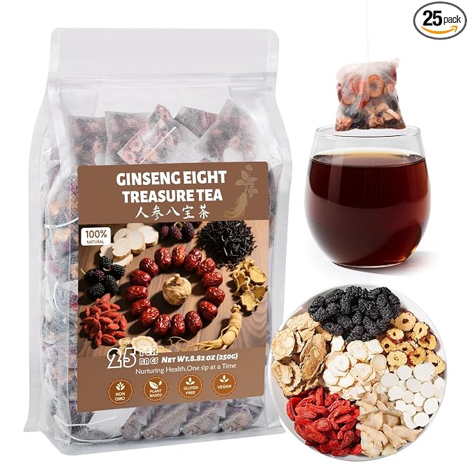 Goji Berries Ginseng Kidney Tea Formula Ginseng Eight Treasure Tea 8 Natural Ingredient Kidney Cleanse Detox & Repair for Women & Men 25 Count, Caffeine-Free (Pack of 1）