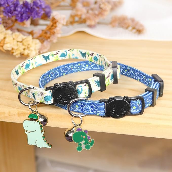 Cat Collars for Boy Cats, 2 Pack Breakaway Cotton Kitten Collar with Bells and Removable Charms, Cute Dinosaurs Shaped