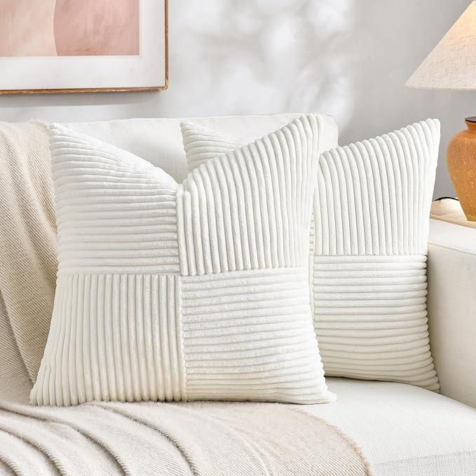 Fancy Homi Set of 1 Cream White Square Decorative Throw Pillow Covers 14x14 Inch for Living Room Bedroom Couch Bed Sofa, Soft Striped Corduroy Modern Rectangle Accent Cushion Case 35x35 cm