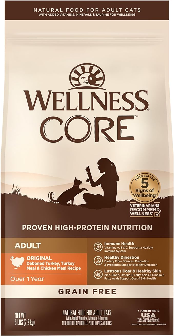 Wellness CORE Adult Dry Cat Food, Natural, Grain Free Kibble, Turkey and Chicken Recipe, 5 lb Bag
