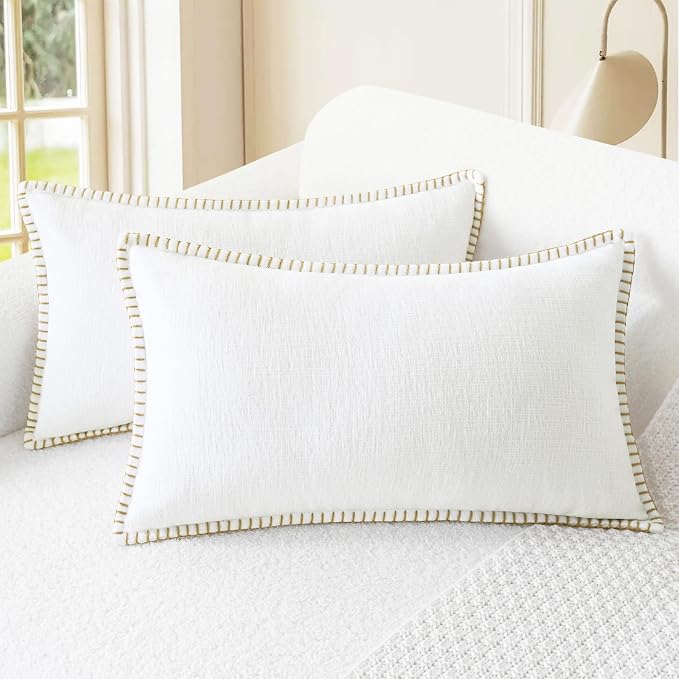 CaliTime Decorative Couch Throw Pillow Covers 20 X 12 Inches True White | Pack of 2, Cozy Chenille Cushion Cases, Cotton Thread Stitching Edges, for Sofa Bed Living Room Farmhouse