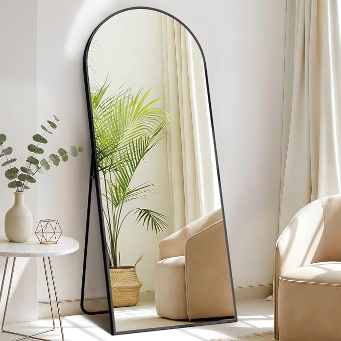 DUMOS 64"x21" Arched Full Length Mirror with Stand, Full Body Floor Mirror | Free Standing or Wall Mount, Nano Glass Aluminum Frame, Hanging or Leaning, Modern Simple Home Decor, Black