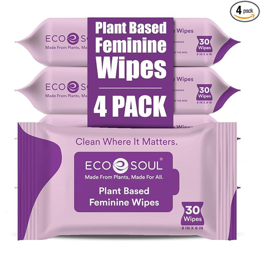 ECO SOUL Plant-Based Feminine Hygiene Wipes (30 Count, Pack of 4) Dermatologist Tested pH Balanced Intimate Cleansing Wipes FSC-Certified Alcohol-Free, Paraben-Free, Fragrance-Free & Hypoallergenic