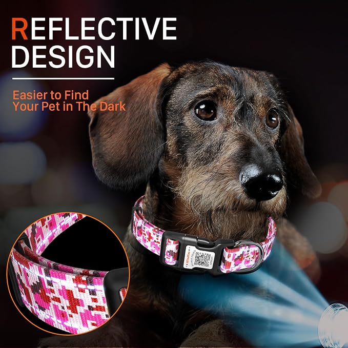 Personalized Dog Collar with QR Code Dog Tag, Camo Rose Red M | Anti-lost, 1000D nylon, reflective, padded, XS-L(8"-24"), QR buckle shares lost pet profile, location alerts when scanned
