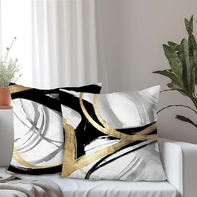 Black White and Gold Pillow Covers, Abstract Black and Gold Pillow Covers 26x26 Set of 2, Modern Boho Home Decor, Black and Gold Pillows Decorative Throw Pillows for Couch Living Room Bedroom