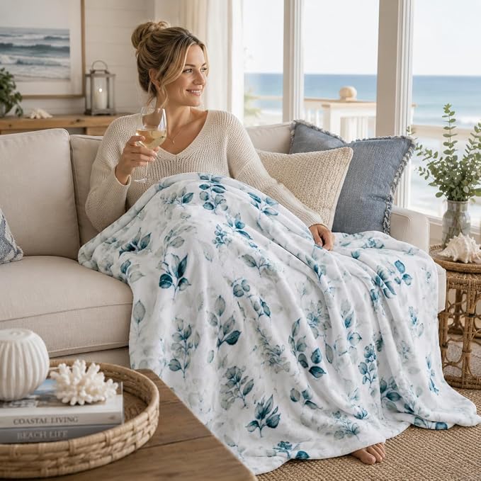 Throw Blanket: Velvelty Soft, Durable Fleece Accent for Bed or Couch (Teal and Gray Berries, 50 x 70 inches)