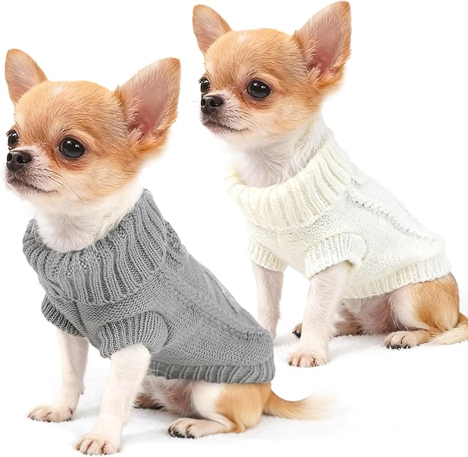 2 Pack Turtleneck Puppy Sweaters Warm Knitted Dog Sweaters for Small Dogs Girl Boy Teacup and Cats Pet Clothes Doggie Apparel Outfits, Grey White, M(7.3~11.3lbs)