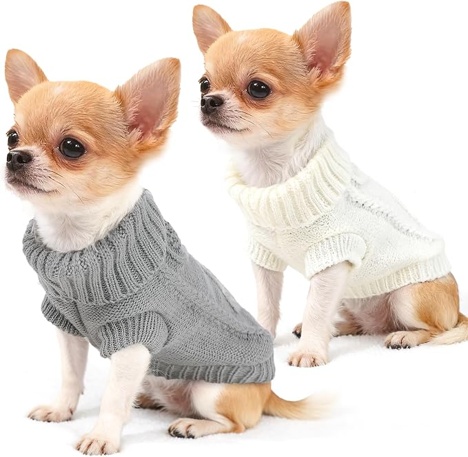 2 Pack Turtleneck Puppy Sweaters Warm Knitted Dog Sweaters for Small Dogs Girl Boy Teacup and Cats Pet Clothes Doggie Apparel Outfits, Grey White, XS(2.4~3.8lbs)