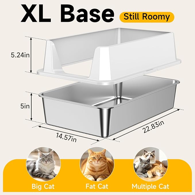 2 Pack XL Stainless Steel Cat Litter Box for Multi-Cat, Light Gray | High Sides, Extra Large Tall Wall Open Top Deep Metal Pan, Anti-Leak Non-Stick Odor Control, 2 Scoops Included