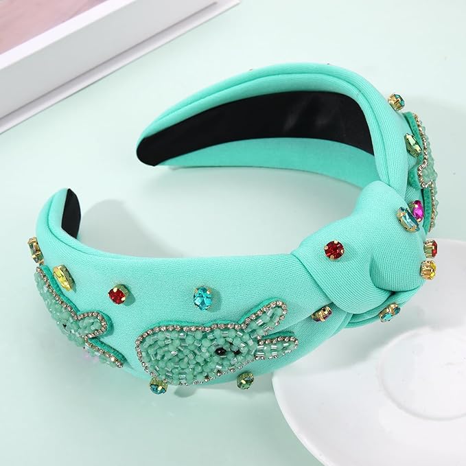 mokkia Easter Headbands Beaded Rabbit Bunny Headband for Women Pink Spring Knotted Headband Easter Hair Accessories Gifts