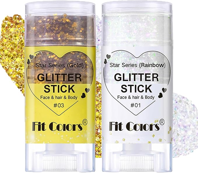 2Pcs Body Glitter Stick,Face Hair Glitter Christmas Makeup,Waterproof Sparkle Festival for Women and Girls,Rainbow and Gold