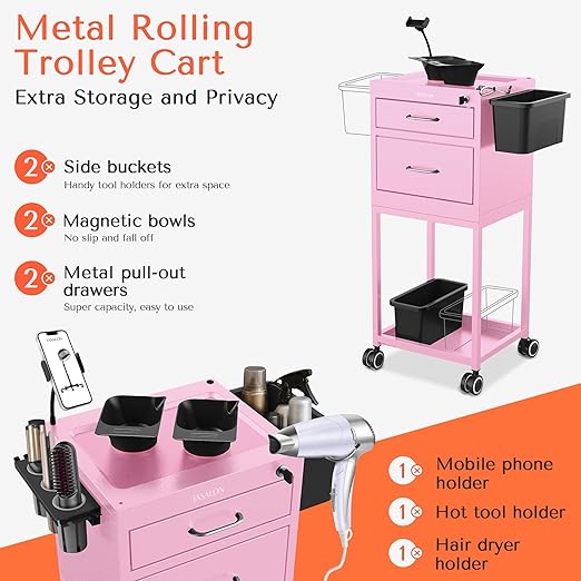 TASALON Salon Rolling Cart with 2 Magnetic Bowls - Space Saving Metal Trolley for Beauty, Tattoo & Hair Stylists, Multipurpose Salon Station Cart (Pink)