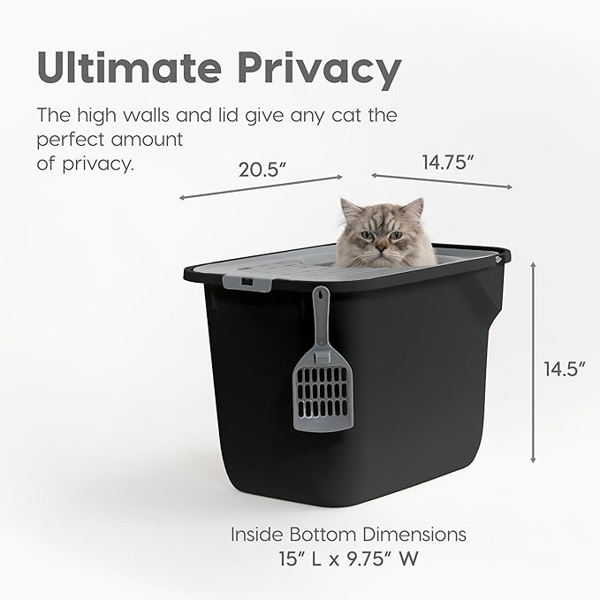IRIS USA Large Top Entry Cat Litter Box, Hooded Privacy, Black/Gray | Dog-Free Zone, Mess Containment System, Enclosed Top Access, Dog Proof Pan, Reduced Tracking, Odor Trapping