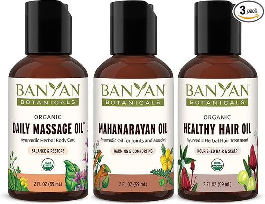 Oil Samples Bundle – 2 oz Daily Massage Oil, Mahanarayan Oil & Healthy Hair Oil – Certified Organic, Non GMO, Chemical Free