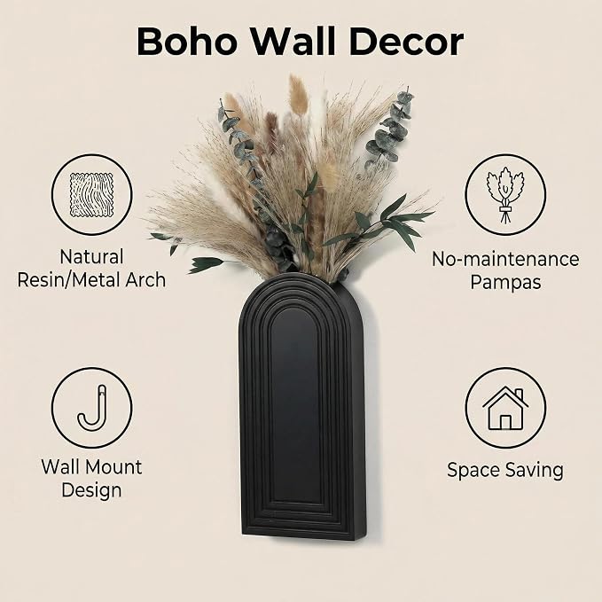 Set of 2 Wooden Wall Vases with Dried Pampas Grass & Eucalyptus, Boho Farmhouse Decor for Living Room, Entryway, Bathroom, Rustic Home Art(Black)