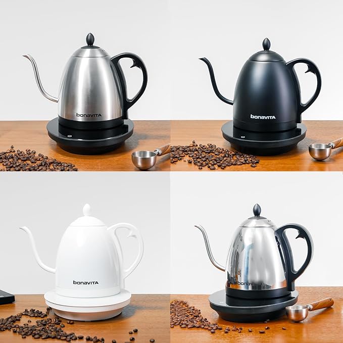 Bonavita Cosmopolitan 1.0L Gooseneck Electric Kettle, Stainless Steel Water Boiler for Coffee Brew and Tea Precise Pour Control, 6 Preset Temps, Glass Touch Panel, 1200W Fast Boil, White