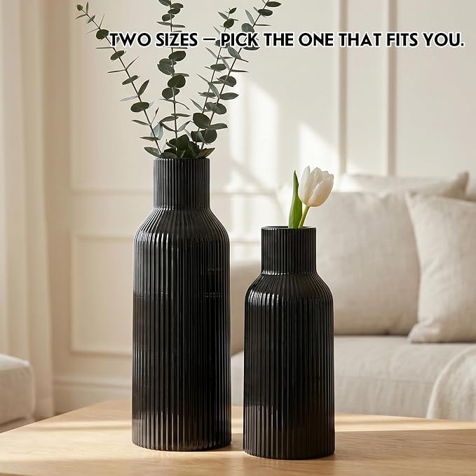 Black Ceramic Tall Vase,Modern Smooth Vertical Ribbed, Nordic Minimalist for Pampas, Dried & Fresh Flowers, Home Decor for Living Room, Coffee Table, Bookshelf, Entryway, Farmhouse