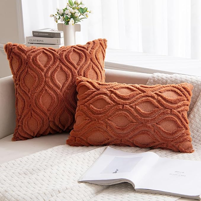 MIULEE Fall Rust Soft Plush Faux Wool Throw Pillow Covers 16x16 | Set of 2, Farmhouse Boho Home Decor, Decorative Cushion Covers for Sofa, Living Room, Bed