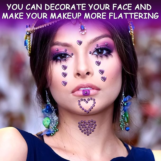 3 Sheers Purple Rhinestone Stickers Self Adhesive Face Gems Stick on Heart Face Jewels Stickers for Valentines Makeup Crystal Pearls for Eye Face Body Nails Crafts Decoration