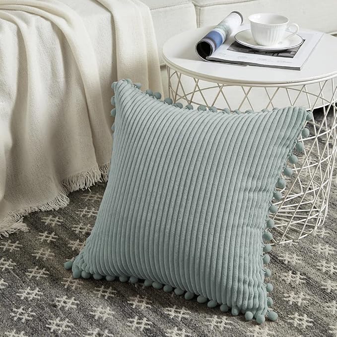 Fancy Homi Pack of 2 Farmhouse Decorative Throw Pillow Covers with Pom-poms, Soft Corduroy Solid Square Cushion Cases Set for Couch Sofa Bedroom Car Living Room (16x16 Inch/40x40 cm, Grey Blue)