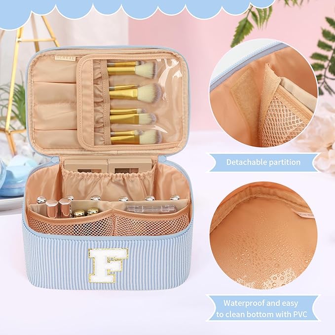 OCHEAL Makeup Bag Valentines Day Gifts for Women, Monogram Cosmetic Bag Blue Travel Makeup Case Beauty Toiletry Bag Organizer Personalized Gifts for Girls Bridesmaid, Sister, Wife, Friends Initial F