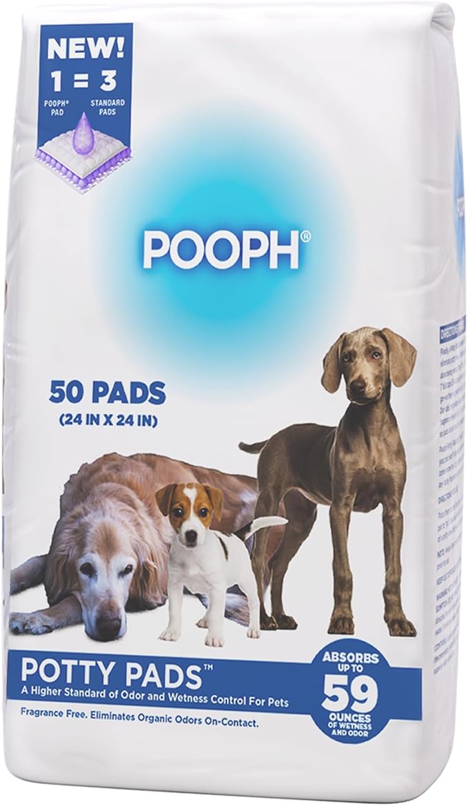 POOPH® Potty Pads™ 24 x 24 in, 50 Count | Disposable 24 x 24 in potty pads with absorbent core and odor control. Includes 50 pads