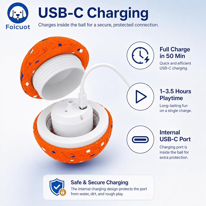 Interactive Dog Ball Toy, 3 Modes, LED, Sound & Vibration, USB-C