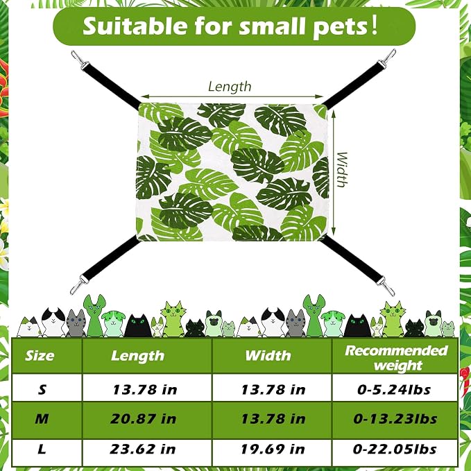 Jetec 2 Pack Cat Hammock for Cage, Monstera Leaf, L | Catio Accessories, Reversible Soft Cats Bed, Adjustable Straps and Hooks, Double-sided Linen, Fleece Hanging Hammock for Cats