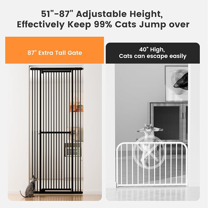 Extra Tall Cat Gate 51"-87" Height Adjustable Pressure Mounted 4 Extensions | 51"-87" height & 27.56"-37" width adjustability; pressure-mounted installation. 4 extension Ideal for doorways, pets & babies