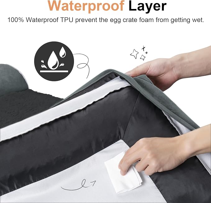Orthopedic Dog Bed for Jumbo Dogs, 48 x 33 Inch, Dark Grey | Egg crate foam for joint support, 3-sided bolster pet sofa, waterproof lining, washable cover, and non-skid base