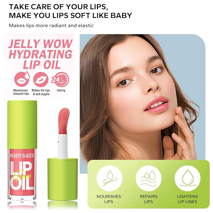 Beauty Glazed Big Brush Head Lip Oil, Ultra-Hydrating & Nourishing, Smooth Glossy Finish Lip Glow Oil, Shiny and Vegan Tinted Lip Gloss, Non-Sticky Formula (101# MEET)
