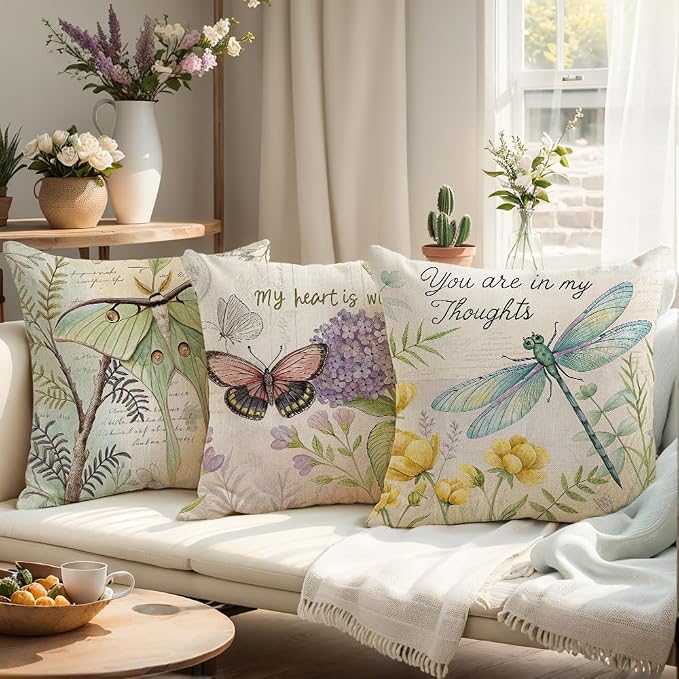 wyooxoo Throw Pillow Covers 16x16 Set of 4 Spring Summer Pillow Covers Linen Flower Butterfly Farmhouse Pillowcases for Sofa Couch Living Room Outdoor