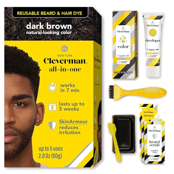 Reusable Hair & Beard Dye for Black Men – Dark Brown | Up to 5 Uses, 7 Minutes | Natural Gray Coverage, No-Drip Cream with SkinArmour® – Cleverman