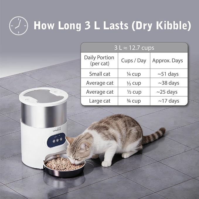 Automatic Cat Feeder with App Control Dual Power Supply 3L | Programmable Pet Food Dispenser for Cats & Small Dogs, 10-Second Voice Recording, Portion Control