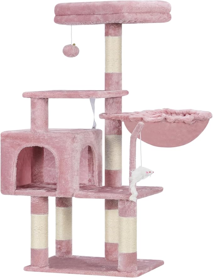 Heybly Cat Tree with Toy, 43.3 inch Cat Tower condo for Indoor Cats, Cat House with Padded Plush Perch, Cozy Hammock and Sisal Scratching Posts, Skin Pink HCT004SP