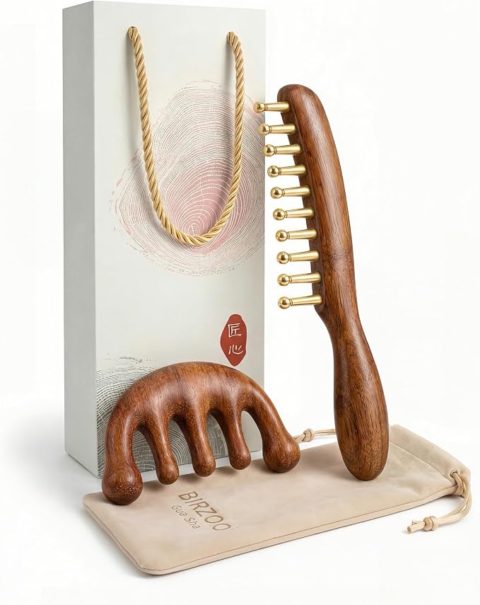 Copper Gua Sha Tool & Scalp Massager Comb Set - Professional Meridian Scraping Kit for Body, Neck & Lymphatic Drainage - Premium Sandalwood & Brass Massage Gift Set - Ideal Mother’s Day Gift