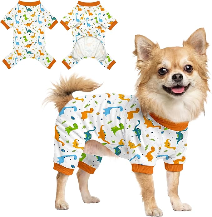 Dog Pajamas for Small Medium Dogs Pjs Orange Dinosaurs Dog Onesie Breathable Puppy Pj Pet Stretchy Soft Sleepwear for Spring Summer Costume-M