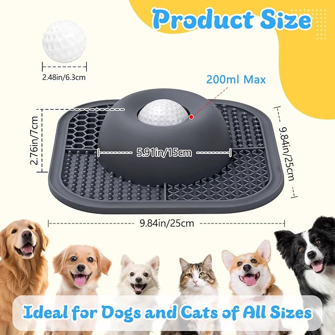 Slow Feeder Dog Bowls & Lick Mat for Liquid and Thick Treat, Anti-Slip Dog Lick Bowl with Interactive Rolling Ball, 5/6 Cup Pup Licking Toy for Large Medium Small Dogs and Cats Gray