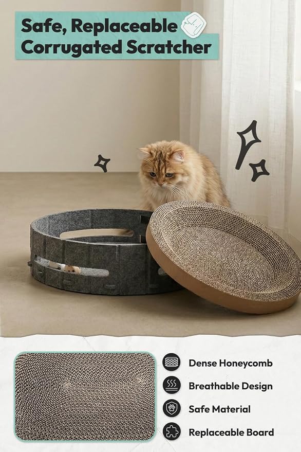 Cat Scratcher Bed, Oval Cardboard Cat Scratcher for Indoor Cats, High-Density Ergonomic Curved Cat Scratch Pad with Bell Ball Toy for Sleeping, Scratching & Mental Enrichment (Dark Gray, M)