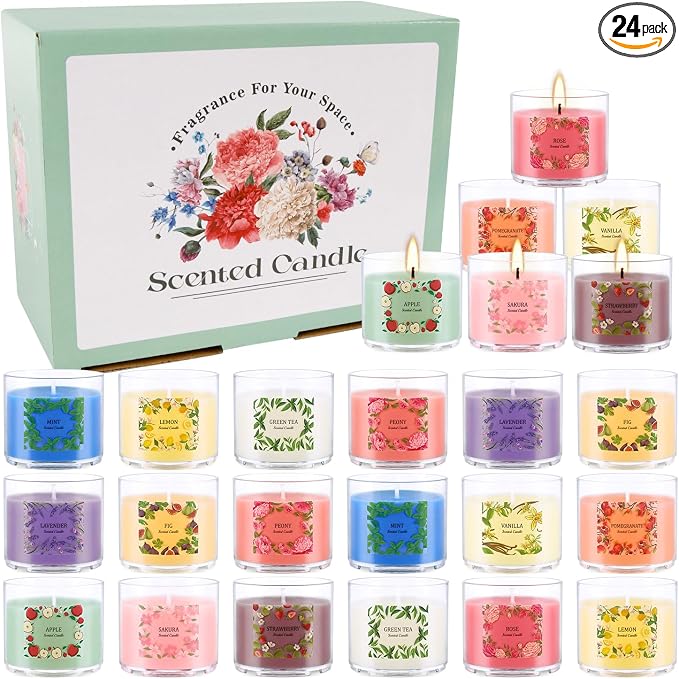 Scented Candles Gift Set, 24 Pack 2oz Soy Wax Aromatherapy Candles with 12 Fragrances, Long Lasting Smokeless Candles in Clear Acrylic Cups with Cotton Wick, Birthday Gifts for Women, Home Decor