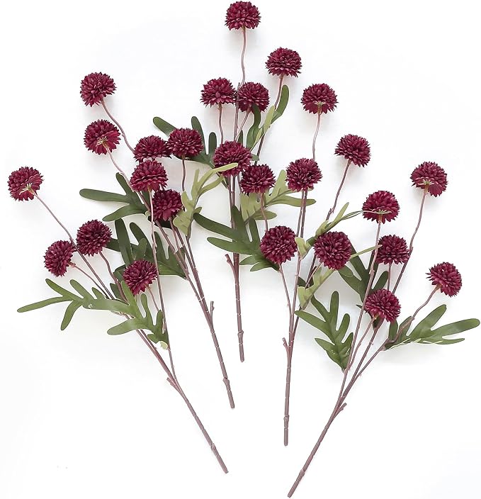 5pcs Burgundy Faux Silk Mums Artificial Flowers, Bulk Fake Small Mini Chrysanthemums with Stems for DIY Wedding Centerpieces Floral Arrangements Vase Fillers Home Decorations