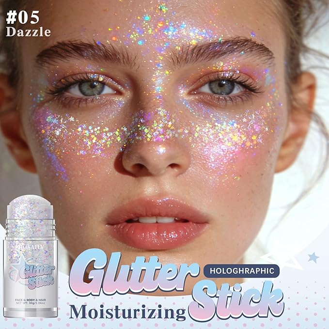Dazzle White Body Glitter Stick, Holographic Fairy Costume Makeup Face Hair Glitter Stick Rave Outfits for Women, Shimmer Face Paint Singer Concert Festival Party Accessories, 1.06 OZ