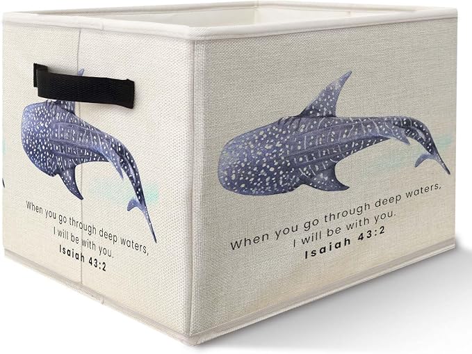 Ocean Whale Shark Christian Storage Bins Basket, Coastal Isaiah 43:2 Bible Verses Collapsible Fabric Storage Box Organizer Toybox for Bedroom Bathroom Clothes Books Toys