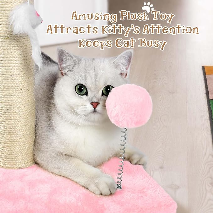 ANWA 32" Tall Sisal Cat Scratching Posts Tree for Indoor Cats Adults, Pink | Sisal Cat Scratcher, Small Space, Cat Post with Dangling Plush Toys for Indoor Cats, 15.7" Stable Base, Cat Furniture