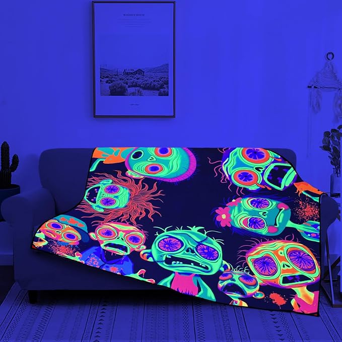 Blacklight Horror Scary Throw Blankets UV Reactive Funny Zombie Throw Blanket Glow in the Dark Under Black Lights Game Room Decor Soft Throw Gifts 59x51 Inches