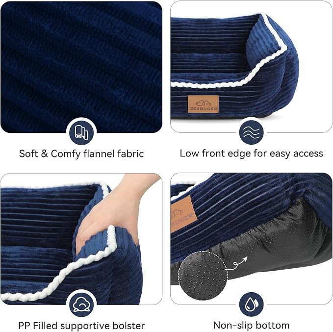 Zerbuger 20in Blue Rectangle Cat Dog Bed Machine Washable Sleeping Sofa | for Large Medium Small Pets Indoor Outdoor, Non-Slip Bottom Soft Puppy Bed Durable Orthopedic Calming Pet Cuddler