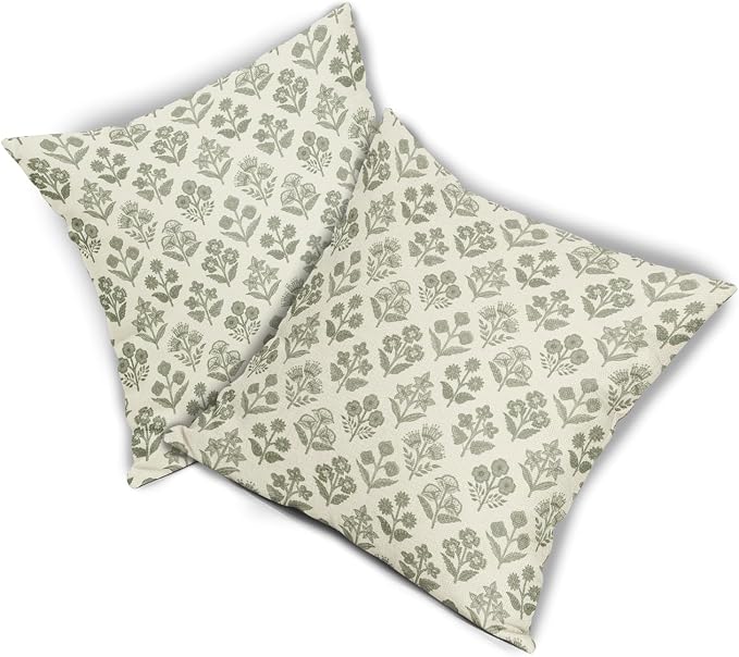 Sage Green Floral Pillow Covers 18x18 Inch Set of 2, Vintage Flower Block Print Pattern Decorative Throw Pillowcases Outdoor Farmhouse Cushion Covers Spring Summer Rustic Sofa Couch Bed Decor