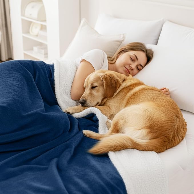 Smiry Waterproof Blanket Throw, Reversible Dog Blanket for Sofa Couch Bed | Soft Leakproof Sherpa Fleece, Washable Furniture Couch Protector for Large Dogs Cats, 60"x80", Navy/White